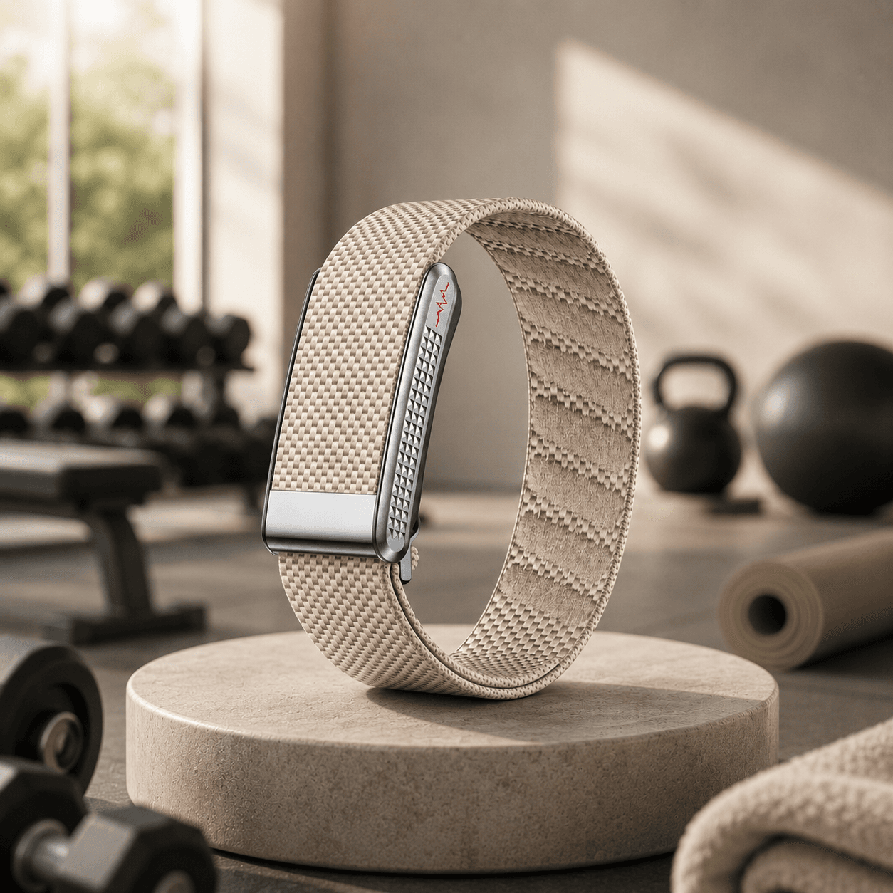Theera TW Pro Peach fitness band in a soft cream woven fabric
