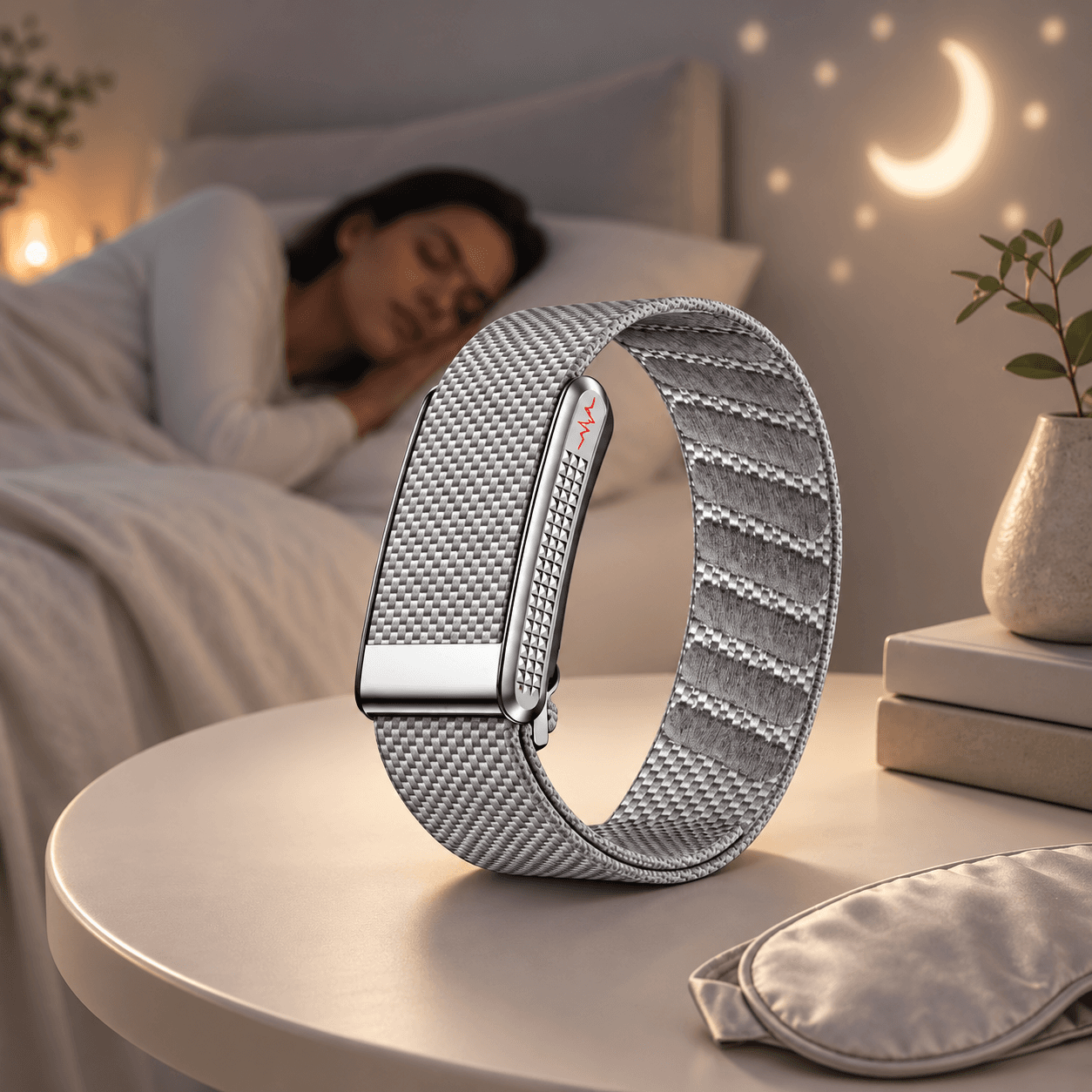 Theera TW Pro Silver fitness band in woven silver fabric with brushed titanium clasp